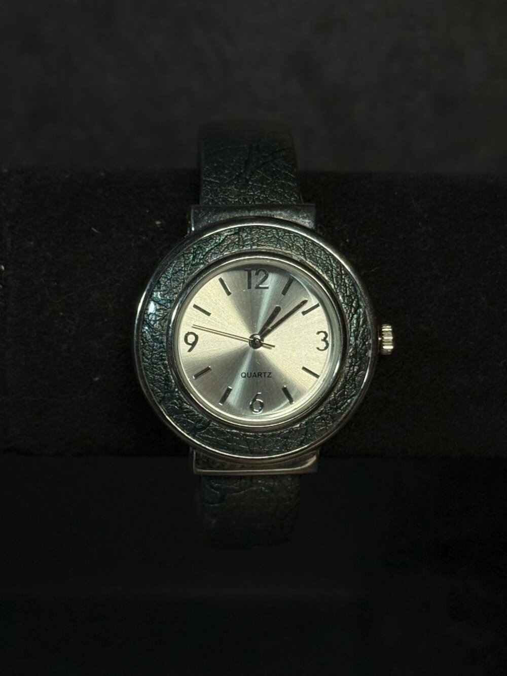 Faux Leather Accent Metal Cuff Watch Silver Tone Japan Movement